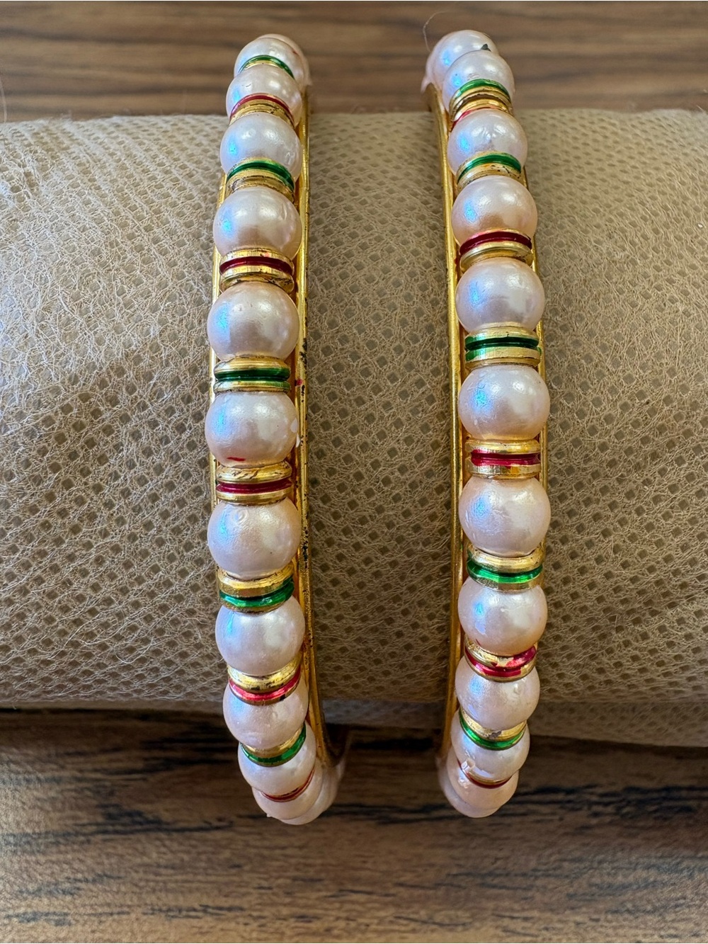 Gold-Plated Pearl Bangle Bracelets with Red and Green Enamel Accents